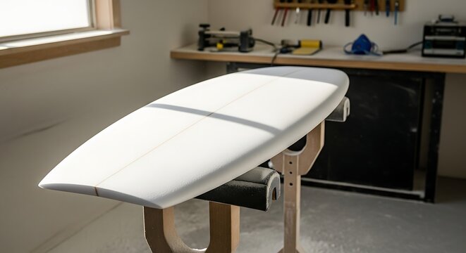 Handmade surfboard on a shaping stand in a workshop.