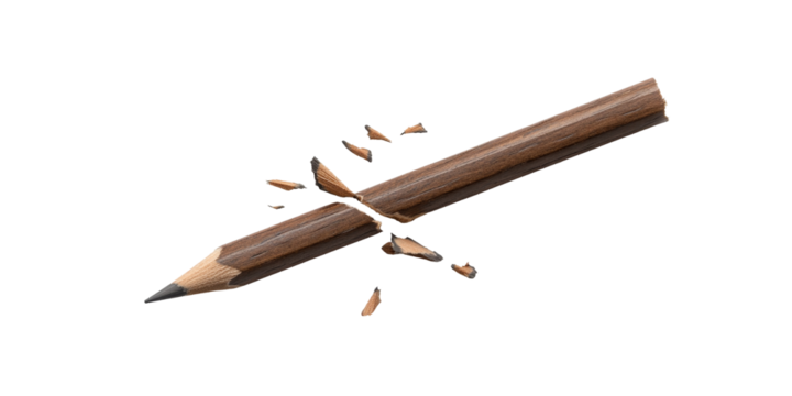 Broken wooden pencil with shattered pieces on black background