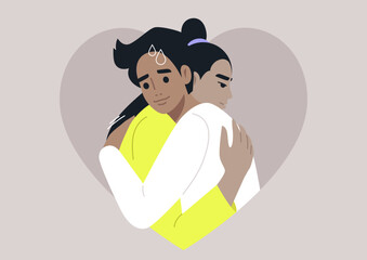 Two figures express vulnerability and support while hugging, symbolizing the challenges and warmth found in relationships characterized by insecurities and emotional trauma