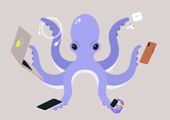 A whimsical octopus illustrates its ability to manage multiple gadgets at once, showcasing its tech-savvy nature while balancing items like a smartphone, smartwatch, and laptop in a playful manner.