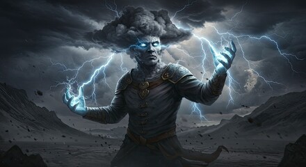 Storm God Unleashed: Lightning Strikes with Glowing Eyes in a Barren Landscape