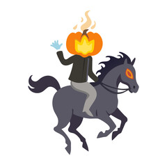 Fototapeta premium Vector art of headless horseman riding a horse with a pumpkin head for halloween celebration