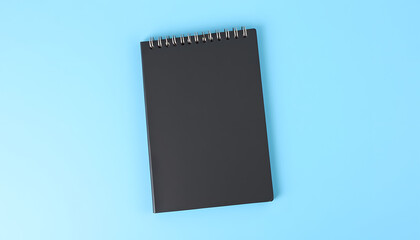 Black notebook isolated on blue background, watercolor. White tone
