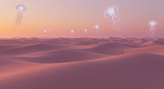 Surreal Desert Landscape with Floating Bioluminescent Jellyfish, Dreamlike Atmosphere.