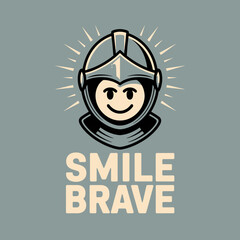 Joyful knight emblem smiling face wearing helmet iconic symbol of courage and positivity animated character style artwork vector