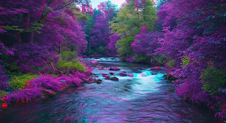 Surreal River Landscape: Vibrant Purple Foliage and Cascading Waterfalls