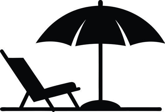 Tropical Beach Paradise Silhouette Illustration. Beach Club Logo Elements, Umbrella and Chair Vector Silhouette