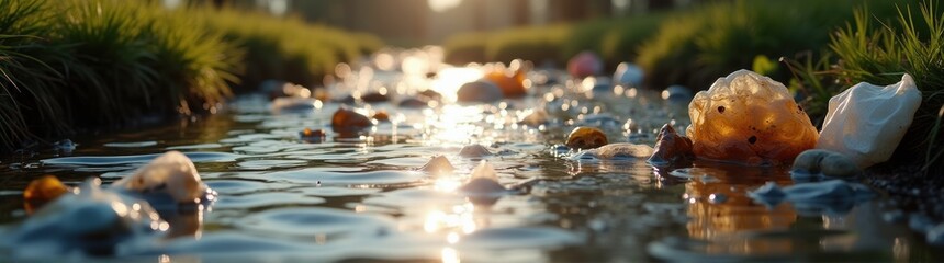 Many plastic garbage in the water near the grass