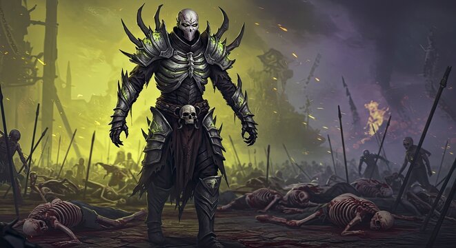 Undead Warlord Stands Victorious Amidst Battlefield of Fallen Warriors