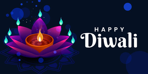 Happy Diwali Poster with Diya Lamp Vector Illustration. Indian festival of lights Design. Suitable for Greeting Card, Banner, Flyer, Template.