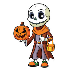 Cute Cartoon Skeleton Trick-or- Treater with Pumpkin and Candy Basket Keywords: halloween, skeleton, pumpkin, jack o lantern, candy basket, trick or treat, spooky, october, autumn, holiday, carved