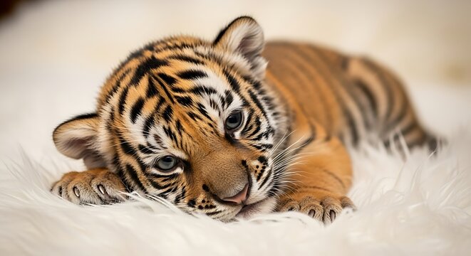 Cute tiger cub resting on a white surface.