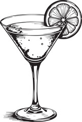 Exquisite Cocktail: A sophisticated hand-drawn cocktail, artfully garnished with a slice of citrus fruit, embodies the essence of elegance and refreshment.