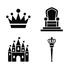 Royal symbols icons set featuring crown castle throne and scepter silhouette graphics silhouette vector illustration white background