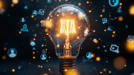 Conceptual illustration of a glowing lightbulb representing innovation, surrounded by digital technology and social media icons - Powered by Adobe