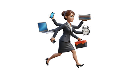 Busy businesswoman multitasking with multiple arms running forward.