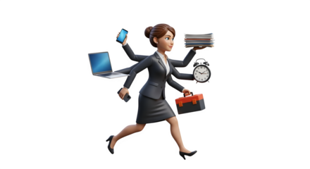 Busy businesswoman multitasking with multiple arms running forward.