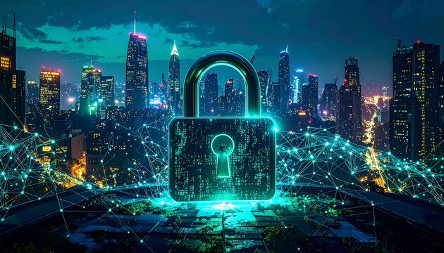 Cybersecurity cityscape lock