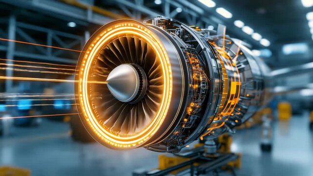 Modern jet engine showcasing advanced engineering in a high-tech workshop during daytime operations