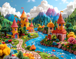 Vibrant Fantasy Village Landscape: Colorful Clay-Style Architecture by a River
