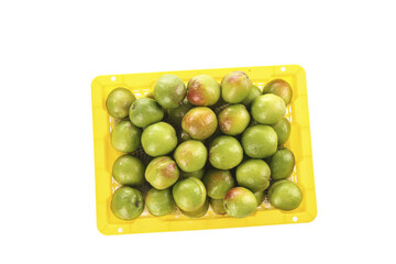 Fresh Xinjiang Green-Skinned Apricots and Small Pears in Yellow Container - Premium Asian Stone Fruits