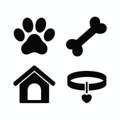 Paw print dog house bone collar simple icons for pet care services and animal lovers silhouette vector illustration white background