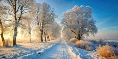 Obraz premium Serene Winter Landscape A Frost-Covered Path Through a Sunlit Grove of Trees