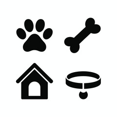 Black silhouette icons of dog paw bone house and collar simple pet graphics silhouette vector illustration white background