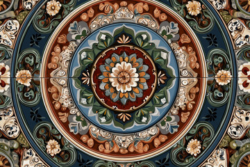 Obraz premium Vector-style artwork of Talavera tiles arranged into a symmetrical mandala with Mexican folk motifs and earthy tones, folk design, stylized.
