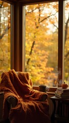 cozy autumn window scene with blanket and hot drink