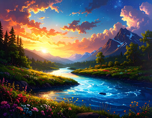 Vibrant Pastel Sunset Over Low-Poly Mountain Valley