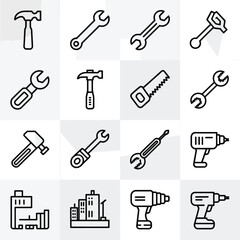 Collection of hand tool and power tool icons for diy and construction projects silhouette vector illustration white background