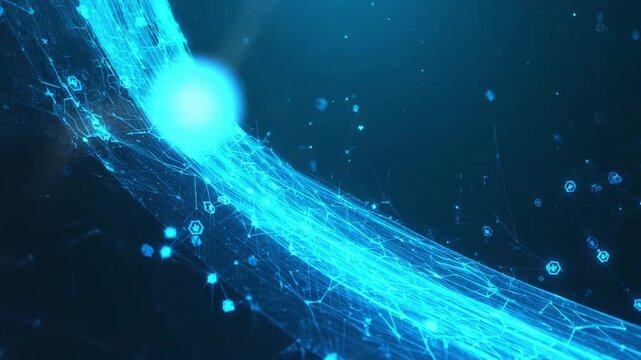 A massive blue ribbon flowing river dark horizon. wave motions, glowing energy icons travel surface ships current. icons leave streaks neon trails merge ribbon, symbolizing energy digital ocean - Powered by Adobe