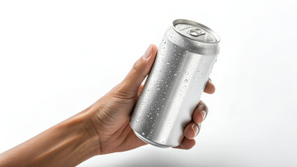 Minimalist photo of hand with shiny drink can on white background