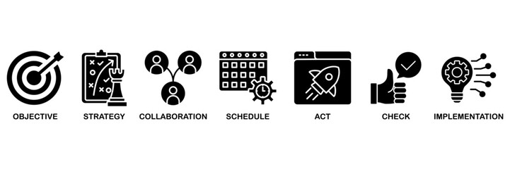 Action plan icon set vector illustration concept for objective, strategy, collaboration, schedule, act, launch, check, and implementation