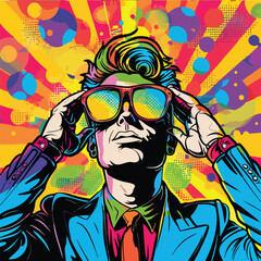 Bold pop art portrait of a stylish man in sunglasses with vibrant abstract background, symbolizing confidence, fashion, and retro culture.