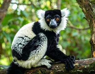 Black and white lemur on a branch