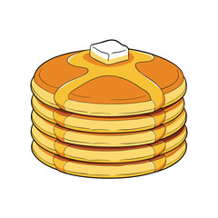 A delicious stack of fluffy golden brown pancakes covered in rich syrup and a pat of melting butter