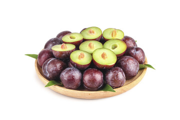 Fresh Red Sichuan Plums on Wooden Plate - Delicious Chinese Stone Fruit with Green Flesh