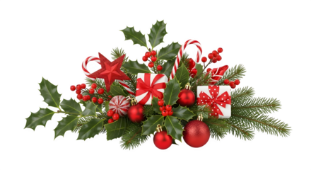 Christmas Holiday Decoration Arrangement with Holly Ornaments Gifts and Candy Canes.