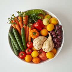 Fresh Harvest Bowl: A vibrant array of fresh vegetables and fruits bursts forth, capturing the essence of a nourishing and healthy diet
