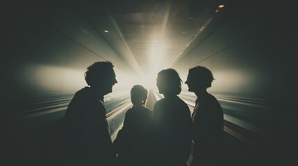 Diverse group conversing on a bright, modern travelator, capturing connection