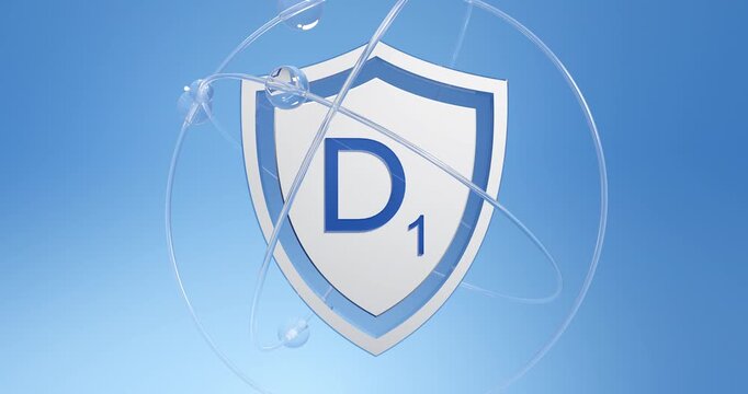 symbol for vitamin D1 on a shield with rotating electrons and orbits around it, a mixture of the vitamins ergocalciferol and lumisterol