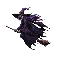 Creepy Witch Flying on Broomstick Halloween Night Illustration - Halloween witch flying on broom