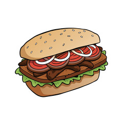 Delicious steak sandwich with caramelized grilled onions and savory sauce illustration