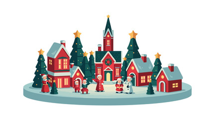 Fototapeta premium Charming Winter Village Scene with Festive Christmas Trees, Cozy Homes, and Carolers Spreading Holiday Cheer, Evoking a Sense of Community and Festive Spirit During the Yuletide Season