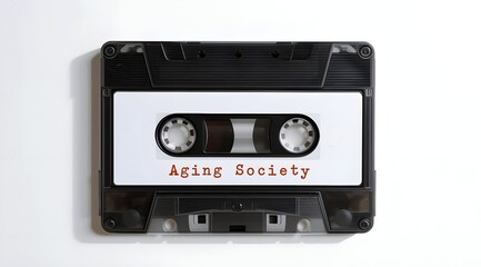 Cassette tape with tag written Aging Society -  population characterized by older people, increased demand for healthcare, elder care and pension services - reduced productivity or shrinking workforce