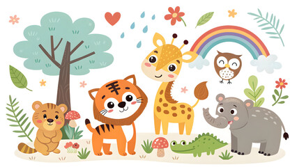 Obraz premium Adorable jungle animals friends collection featuring giraffe lion tiger elephant owl and rhino with rainbow and tree