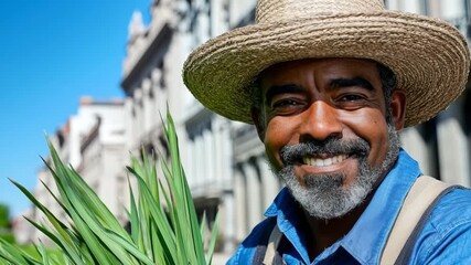 Man wearing a straw hat holds green plants in a vibrant urban setting under clear blue skies - Powered by Adobe