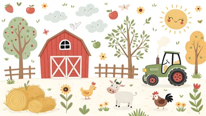 Papier peint photo Ferme Charming farm scene with red barn green tractor cute animals and autumn harvest elements ideal for childrens designs  © dotmagic